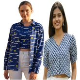 Combo of 2 Blue and blue Cotton Stripe Women Top