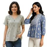 Combo of 2 BEIGE And BLUE Cotton Flax Women Top (15050-ESHK00033)
