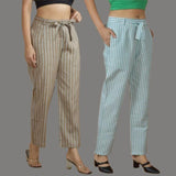 Combo of 2 Women White Purple Cotton Checks Belt Pant