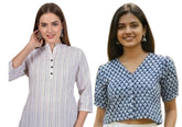 Combo of 2 WHITE And BLUE Cotton Flax Women Top