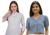 Combo of 2 WHITE And BLUE Cotton Flax Women Top