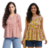 Combo of 2 REDCREAM And YLW Cotton Flax Women Top (TP066-15059)