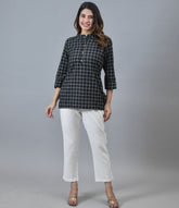 Women Checked Mandarin Collar Roll-Up Sleeves Cotton Shirt Style Top