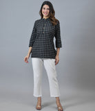 Women Checked Mandarin Collar Roll-Up Sleeves Cotton Shirt Style Top