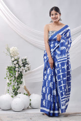 Bagru Block Print Cotton mulmul Sarees With Running Blouse