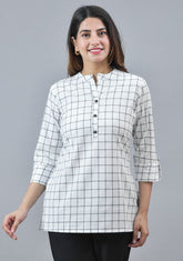 Women Checked Mandarin Collar Cotton Top
