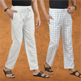 Combo of 2 Men White White Cotton Handloom Stripe Pant-15080