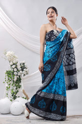 Bagru Block Print Cotton mulmul Sarees With Running Blouse