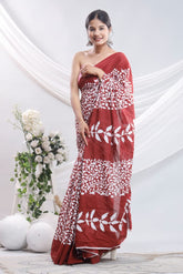 Handblock cotton printed flower saree Red