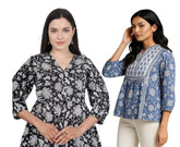 Combo of 2 BLACK And BLUE Cotton Flax Women Top