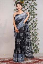 Handblock cotton printed saree nevy Black & Gray