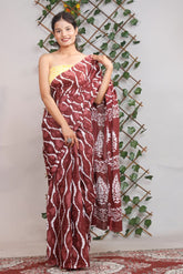Handblock cotton printed saree Red