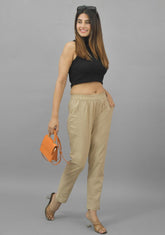 Beige Solid Cotton Flax Trouser Pants