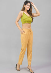 Beige Solid Cotton Flax Women Trouser