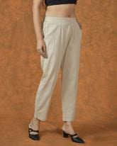 Beige Solid Cotton Trouser Pant