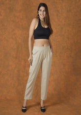 Beige Solid Cotton Trouser Pant