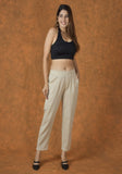 Beige Solid Cotton Trouser Pant