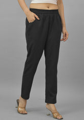 Black Solid Cotton Flax Trouser Pants