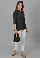 Black Solid Cotton Flax Women Top-10388