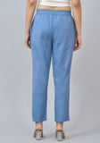 Blue Solid Cotton Flax Trouser Pants