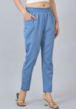 Blue Solid Cotton Flax Trouser Pants