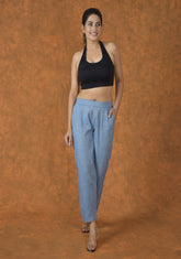Blue Solid Cotton Trouser Pant