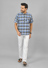 BLUE WHITE AND BLACK CHECKS COTTON HANDLOOM CORD SET-25292