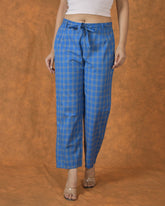 Blue Yellow Cotton Checks Belt Pant