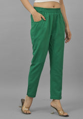 Bottle Green Solid Cotton Flax Trouser Pants