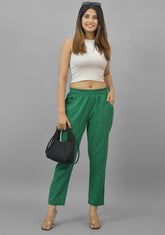 Bottle Green Solid Cotton Flax Trouser Pants