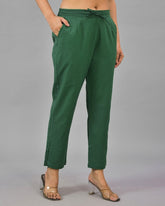 Bottle Green Solid Cotton Flax Women Trouser