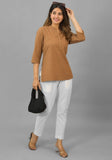 Brown Solid Cotton Flax Women Top-10389