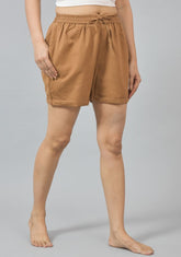 Brown Solid Cotton Shorts