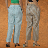 Combo of 2 Women White Purple Cotton Checks Belt Pant