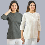 Combo of 2 Beige and Black Cotton Checks and Stripe Women Top