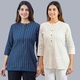 Combo of 2 Beige and Navy Blue Cotton Stripe Women Top