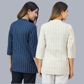 Combo of 2 Beige and Navy Blue Cotton Stripe Women Top