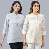 Combo of 2 Beige and White Cotton Stripe Women Top