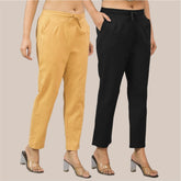 Combo of 2 Black and Beige Cotton Flax Women Trouser Pant