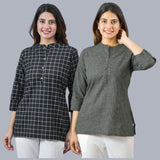 Combo of 2 Black and Black Cotton Checks Women Top
