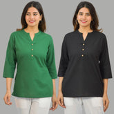 Combo of 2 Black and Green Cotton Flax Women Top