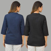 Combo of 2 Black and Navy Blue Cotton Flax Women Top