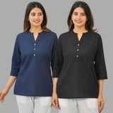 Combo of 2 Black and Navy Blue Cotton Flax Women Top