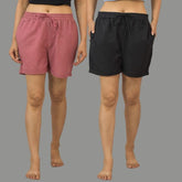 Combo of 2 Black and Pink Cotton Women Shorts