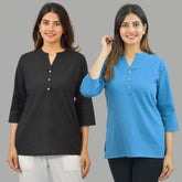 Combo of 2 Blue and Black Cotton Flax Women Top