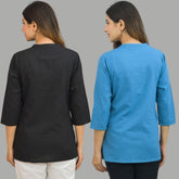 Combo of 2 Blue and Black Cotton Flax Women Top