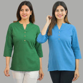 Combo of 2 Blue and Bottle Green Cotton Flax Women Top