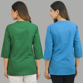 Combo of 2 Blue and Bottle Green Cotton Flax Women Top