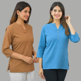 Combo of 2 Blue and Brown Cotton Flax Women Top