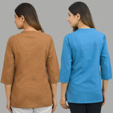 Combo of 2 Blue and Brown Cotton Flax Women Top